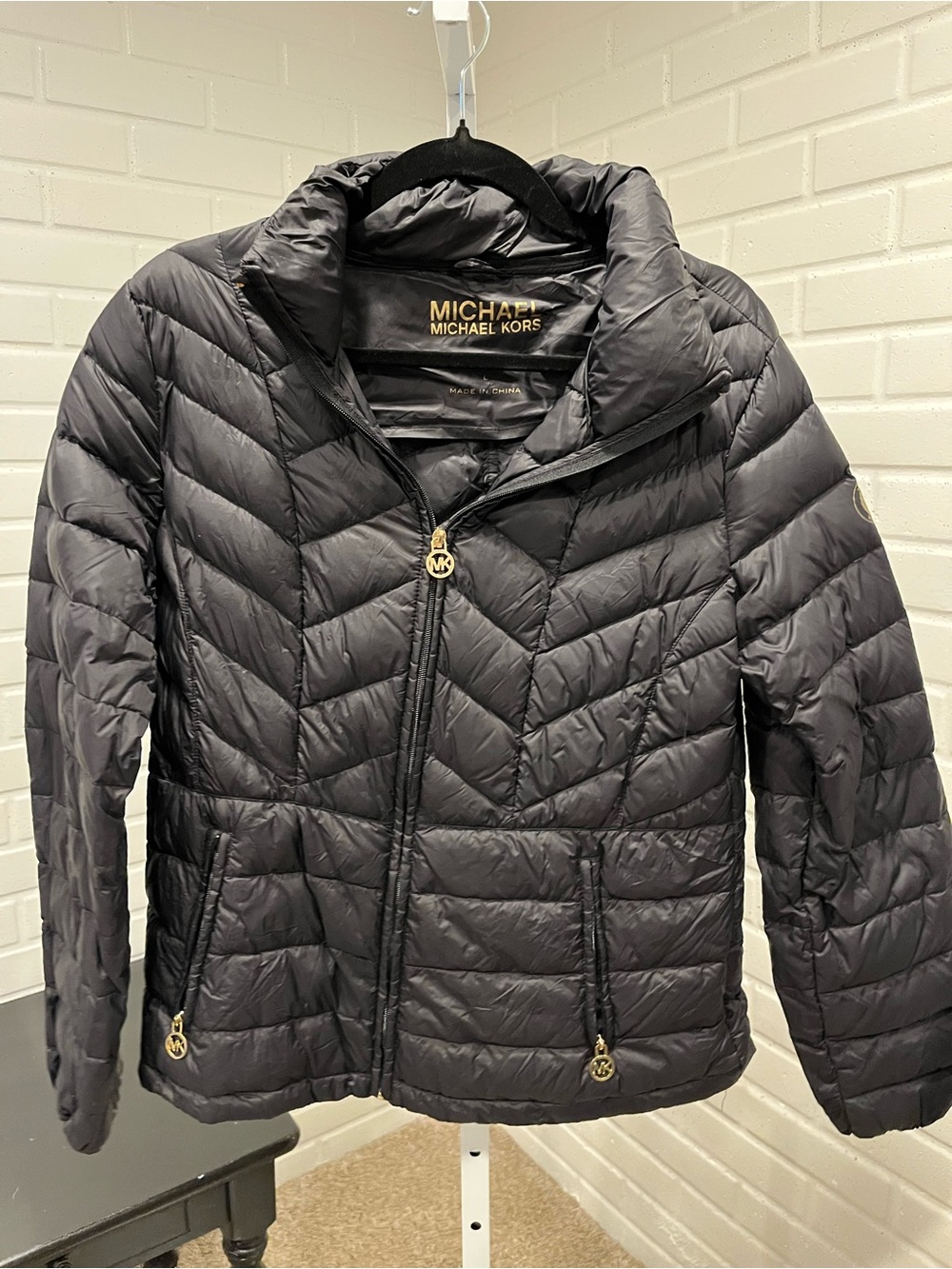 Michael Kors Black Packable Down Jacket with Gold Logo